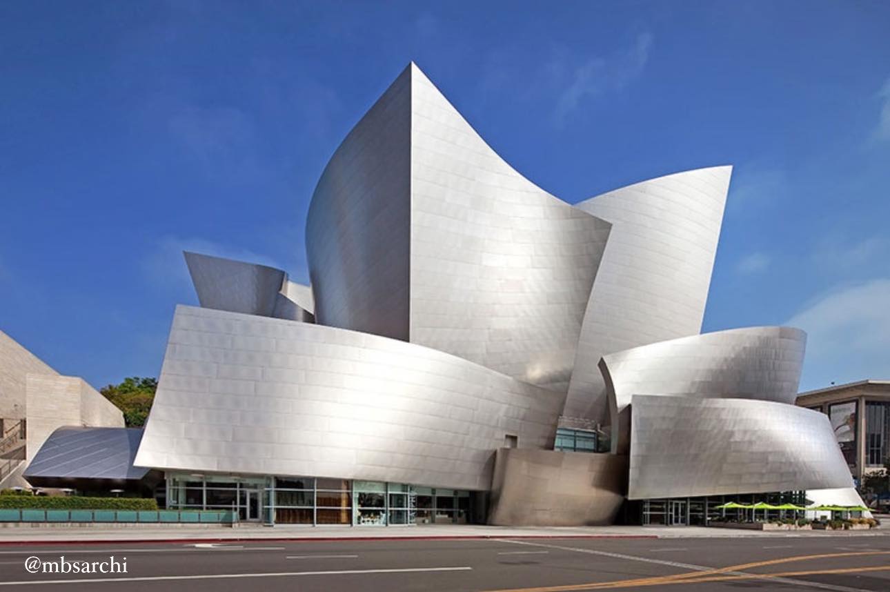 The stainless steel facade of the Walt Disney Concert Hall by Frank Gehry.