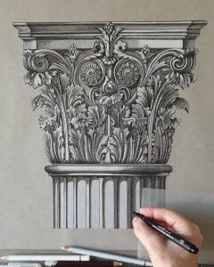 Corinthian order column with acanthus leaf capital