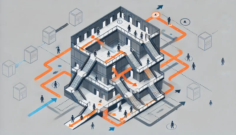 A flow diagram showing the movement of people through a multi-story building, with arrows and paths highlighted in contrasting colors. Use orange and