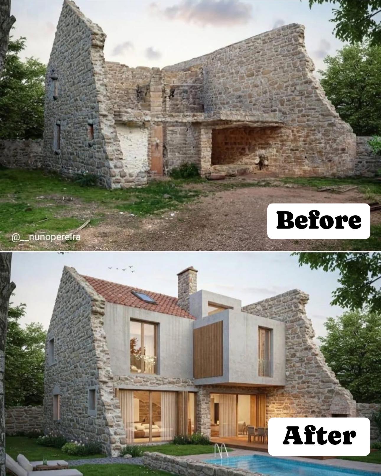 Ruined house before and after renovation 