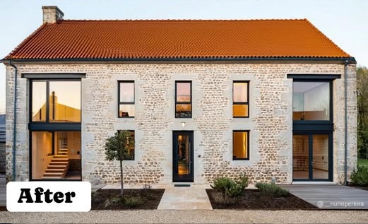 rural home renovation before and after stone house with large windows