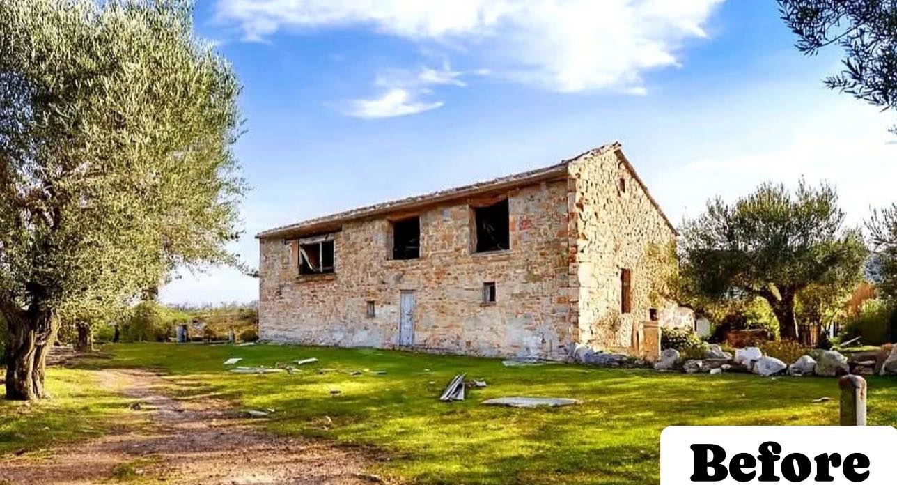 rural home renovation before and after stone house with large windows