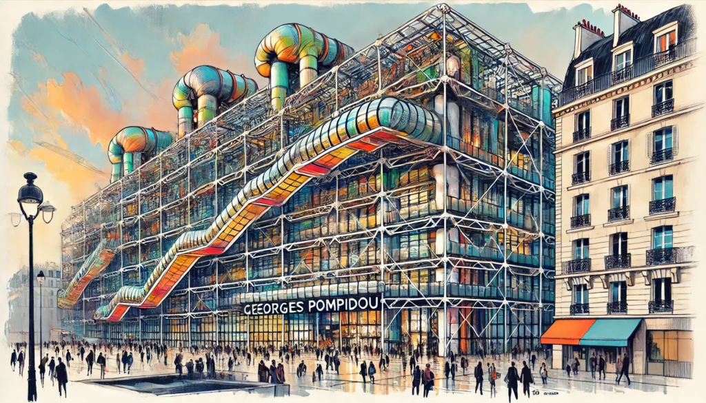 Artistic rendering of the Centre Pompidou with vibrant colors and architectural details.