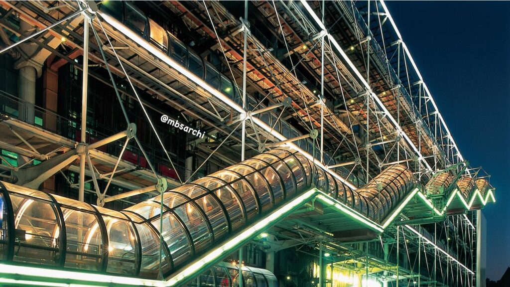 Night view of the Centre Pompidou in Paris, showcasing its illuminated structure.