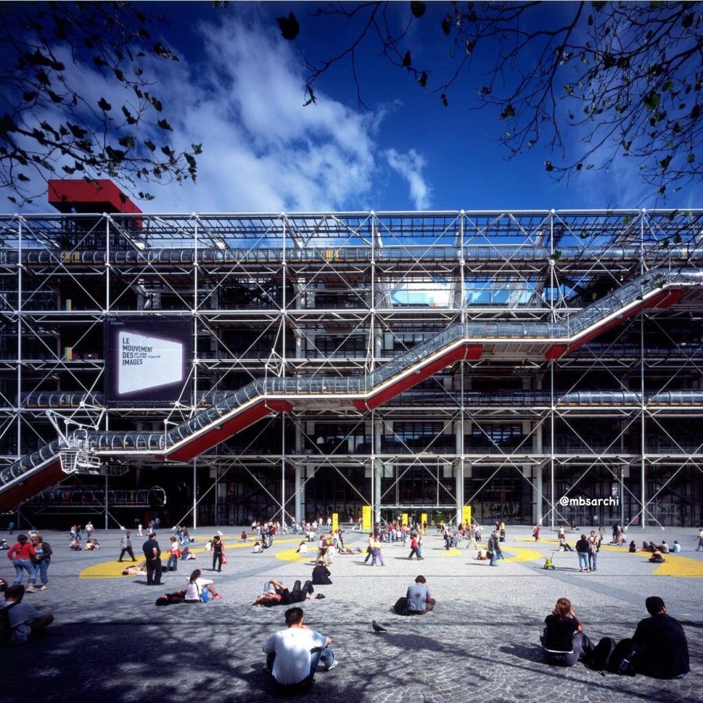 Visitors enjoying the public plaza in front of the Centre Pompidou on a sunny day.