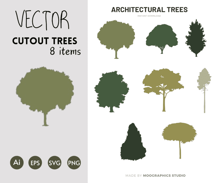 Multiple Tree Designs Architectural Vector Trees Bundle – 8 Unique Designs | MBS Architecture