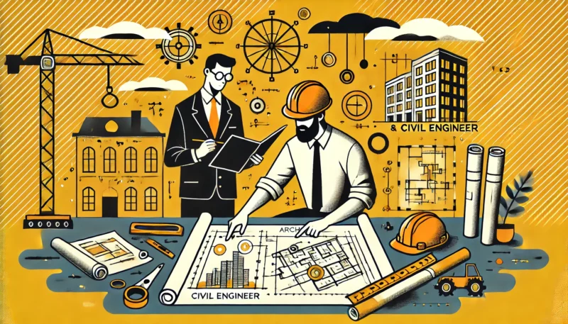  illustration of an architect and a civil engineer collaborating on a project